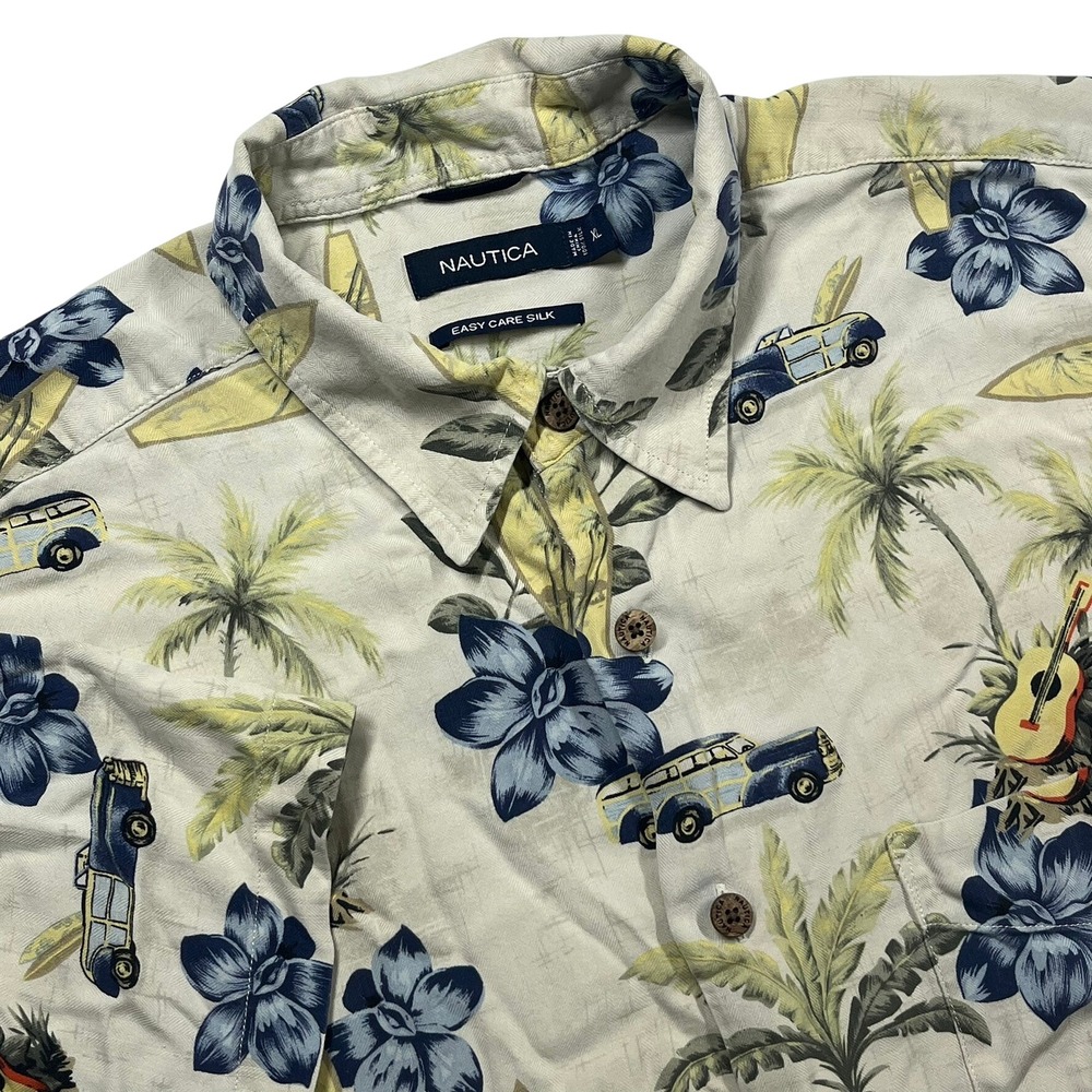 Nautica Silk Hawaiian Shirt Mens XL Cream Tropical Woodie Wagon Surfboard *Flaw